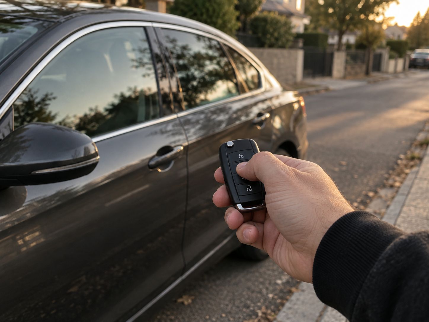 Clé de voiture à télécommande tenue devant la portière d'un véhicule