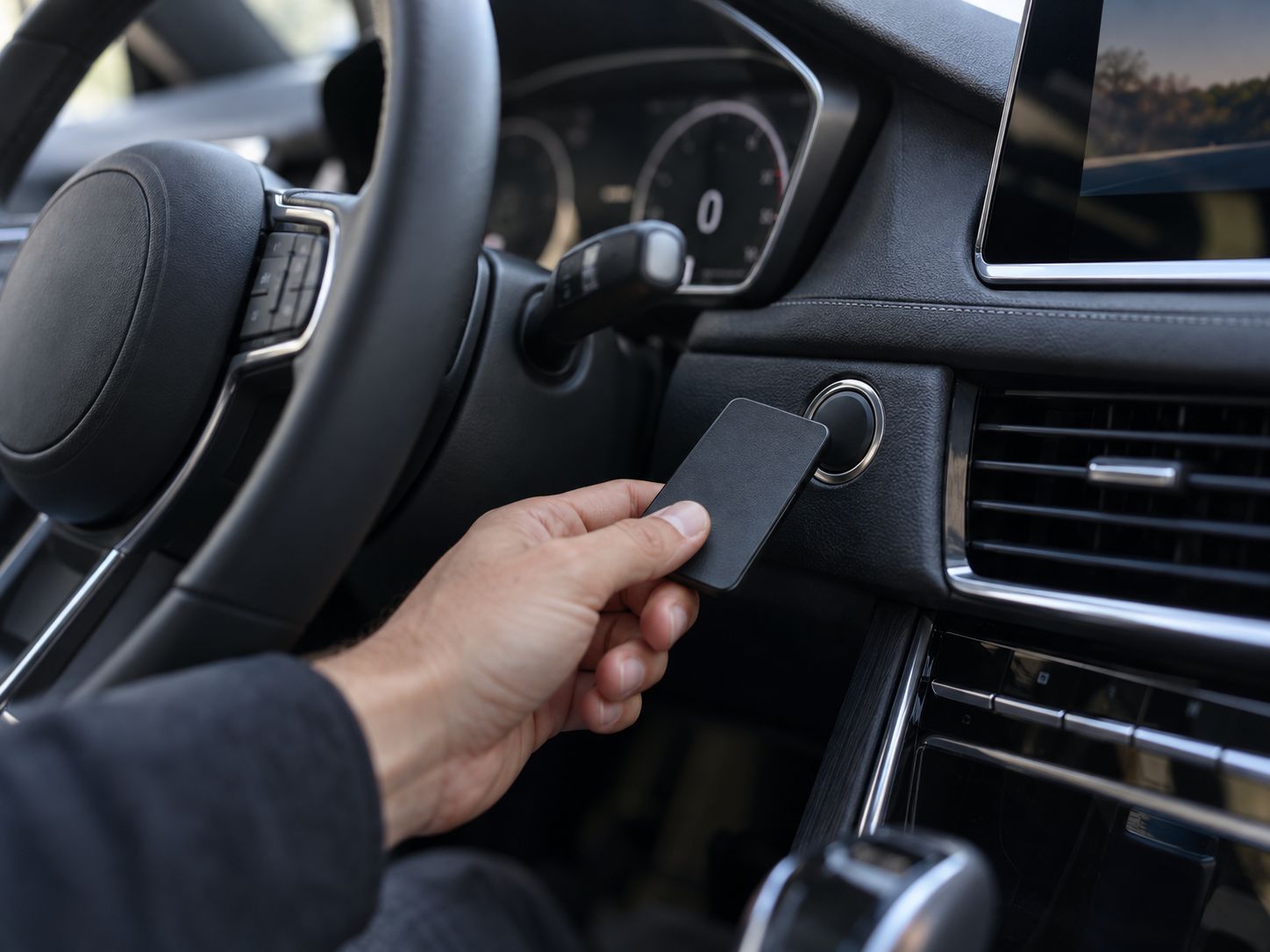 Clé carte mains libres approchée du bouton de démarrage d'une voiture