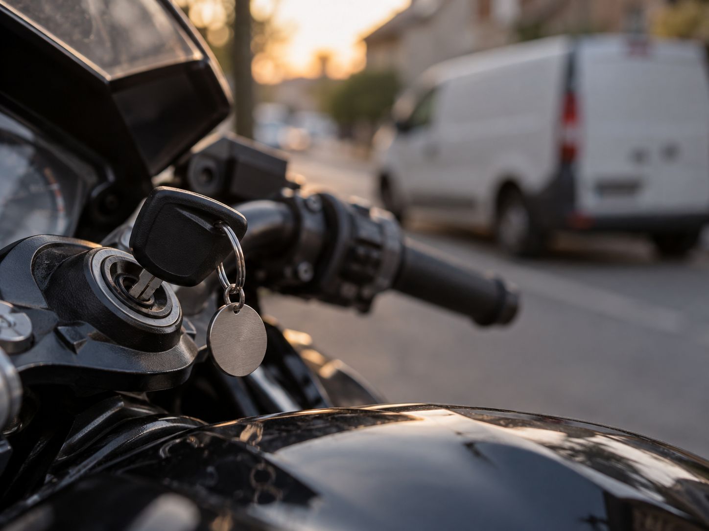 Clé sur le contacteur d'une moto, utilitaire garé à l'arrière-plan